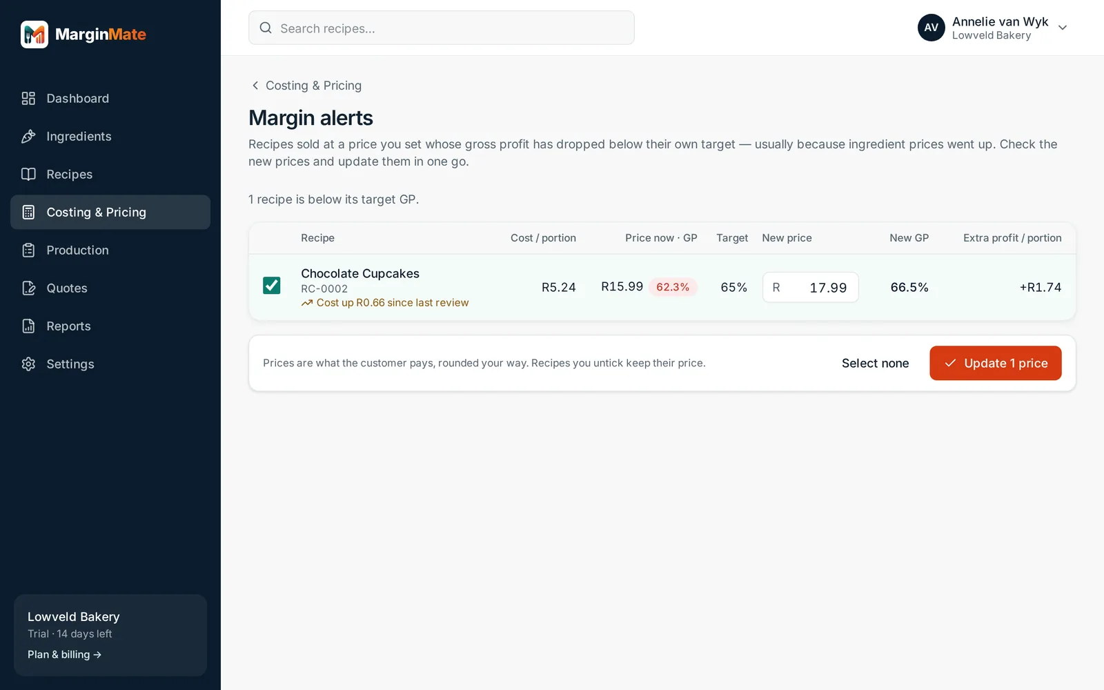 Margin alerts: recipes below their target GP, with the new price ready