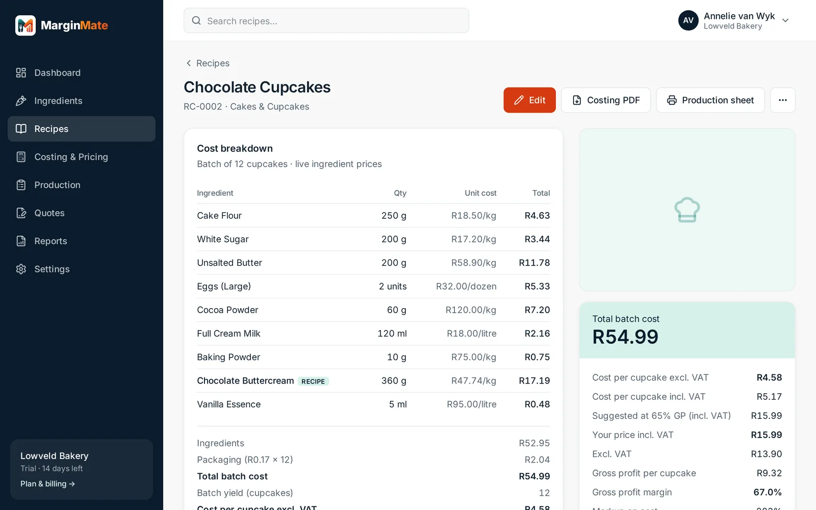 MarginMate costing a recipe line by line